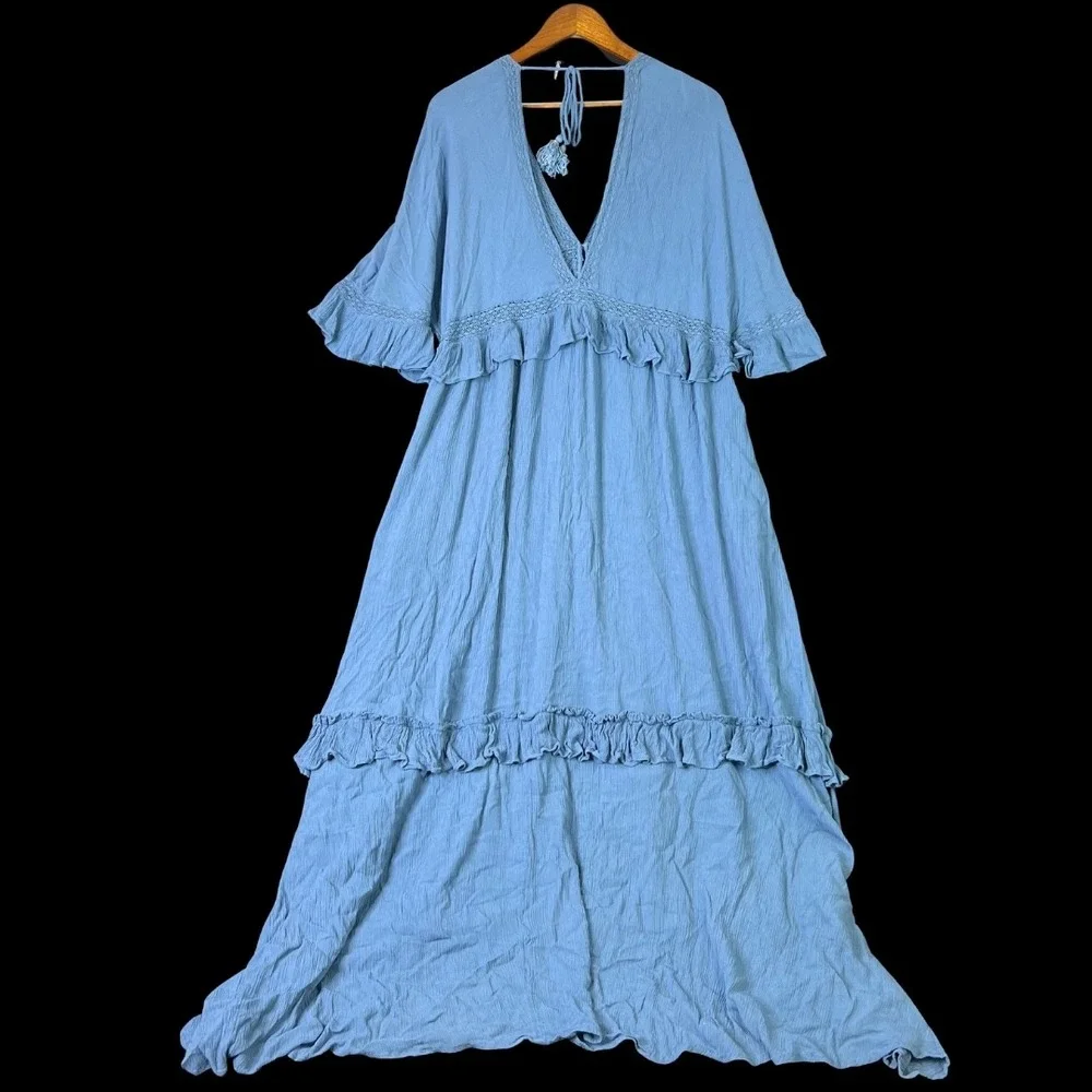 Free People Ruffle Tiered Maxi Dress Blue Cottage V-Neck Boho Festival Size M